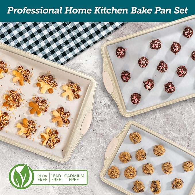 BAKKEN Kitchen Baking Pans - Medium (15.15 × 10.03") and Large (17.1 x 11.8") Nonstick Sheets, Carbon Steel Cookie Sheets with White Silicone Handle, PFOA, PFOS, PTFE Free, Oven Safe (450°F), Set of 2