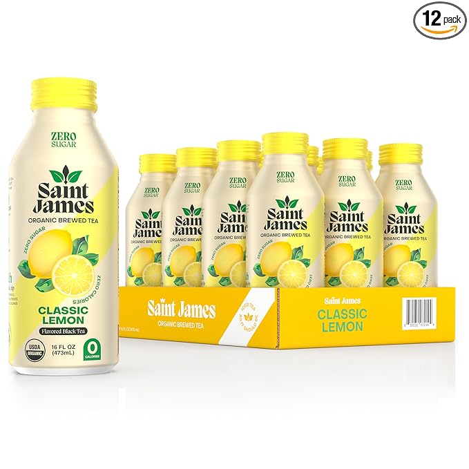 Saint James Iced Tea - Organic Black Tea - Non-GMO, Gluten Free, Zero Calorie, Zero Sugar - Classic Lemon, 12 Pack (16 fl oz each)