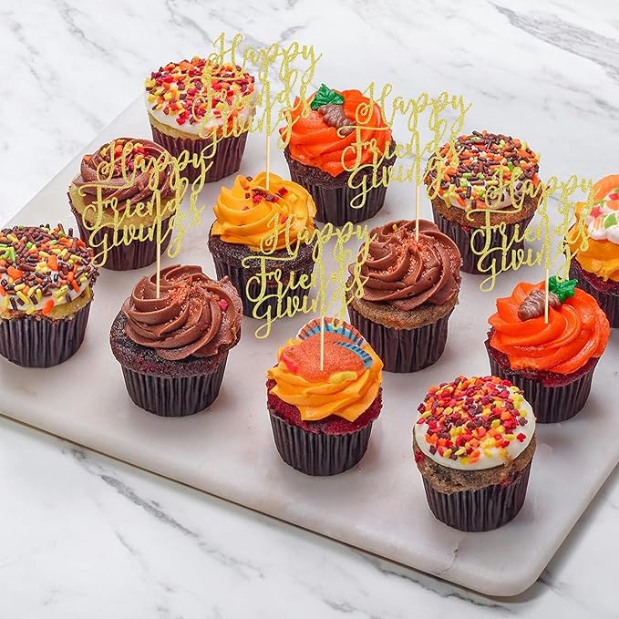 24Pcs Happy Friendsgiving Cupcake Toppers Fall Theme Thanksgiving Cupcake Picks Give Thanks Cake Decorations for Happy Thanksgiving Day Theme Birthday Party Supplies - Gold Glitter