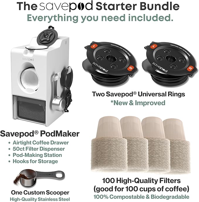 SavePod High-Performance Reusable Coffee Pods, Compatible with Keurig and K-Cup Coffee Machines, Easy to Use & Convenient ??Fits Most Brewers ??Includes Scoop, 2 Rings & 100 Paper Filters (White)