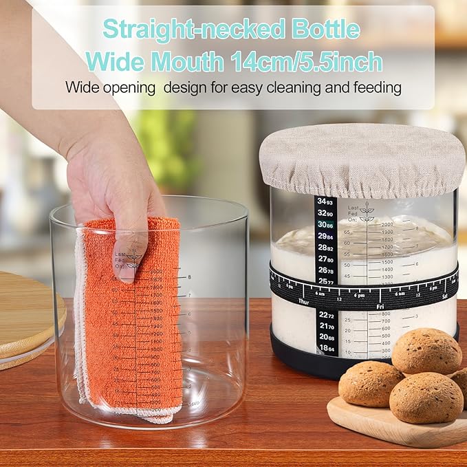 Large Sourdough Starter Jar 66 oz,Sourdough Starter Kit Wide Mouth with Ounce&ML Scale Line,Date Marked Feeding Band, Thermometer, Sourdough Jar Scraper, Cloth Cover & Bamboo Wood Lid (BLACK-66OZ/2L)