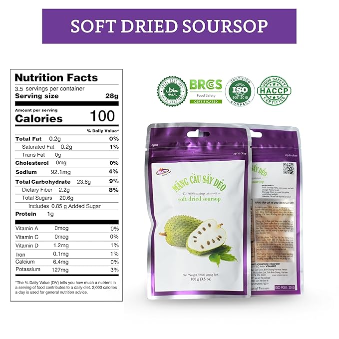 Vinamit Soft Dried Soursop | Soursop Fruit 3.5 oz bag | Natural Tropical Fruit Snack | Vegan, Gluten-Free, Non-GMO | High in Fiber, Ideal for Travel & Clean Eating