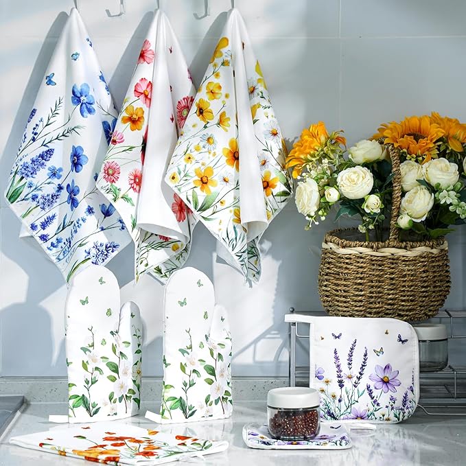Bencailor 8 Pcs Kitchen Towel Pot Holders and Oven Mitts Set Kitchen Decoration 4 Dish Towels 2 Retro Oven Mitts 2 Potholders for Housewarming Gift Cooking Baking Grilling(Flower,Multicolor)