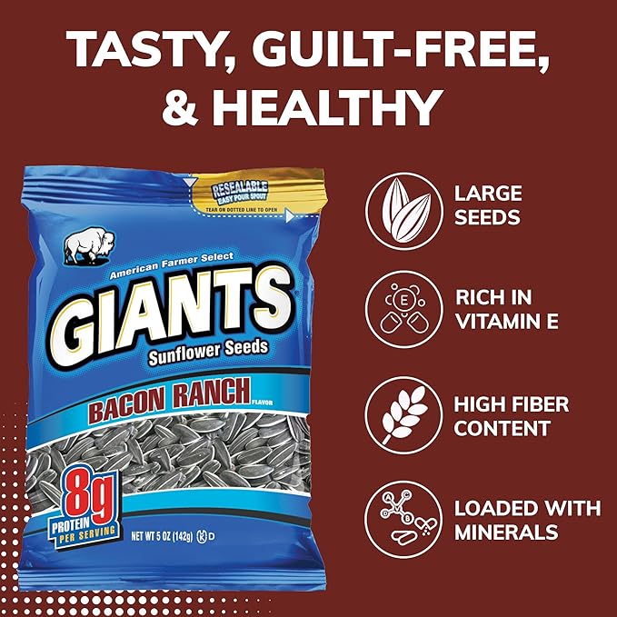 Giants Bacon Ranch Sunflower Seeds Bulk - Flavored Sunflower Seed Snack, Roasted Sunflower Seeds to Eat - 5 oz Resealable Bags (Pack of 12)