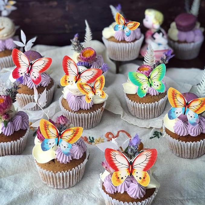 80 PCS Edible Wafer Paper Cupcake Toppers for Cake Decorating - Butterfly Themed Baby Shower, Wedding, Birthday Party Cupcake Decorations