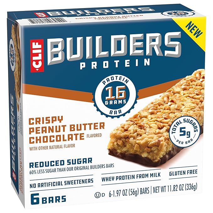 CLIF BUILDERS Protein Bars - Crispy Peanut Butter Chocolate Flavored - Reduced Sugar - Gluten Free - 16g Protein - No Artificial Sweeteners - 1.97 oz. (6 Pack)