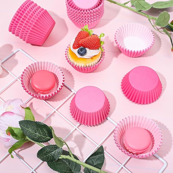 Whaline 600Pcs Pink Cupcake Liners Pink Cupcake Wrappers Disposable Paper Baking Cups 3 Styles Baking Liners Holders for Baby Shower Wedding Bridal Showers Birthday Party Supply