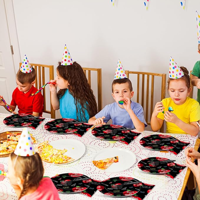 96Pcs Welcome Back to School Plates and Napkins School Season Party Decorations Back to School Dessert Plates Red Apples Tableware Set for 24 Guests Kids Birthday First Day of School Party Supplies