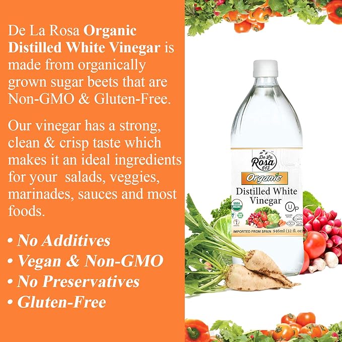 De La Rosa Organic Distilled White Vinegar, Raw & Unfiltered, Kosher for Passover, Vegan & Gluten Free, Great for Salad Dressing, Marinades, White Distilled Vinegar 32 Oz (Pack of 1)