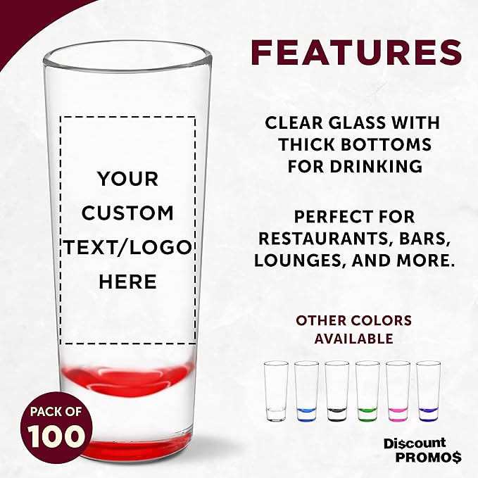 Custom Cordial Shooter Shot Glasses 2 oz. Set of 100, Personalized Bulk Pack - Great for Birthdays, Parties, Indoor & Outdoor Events - Red