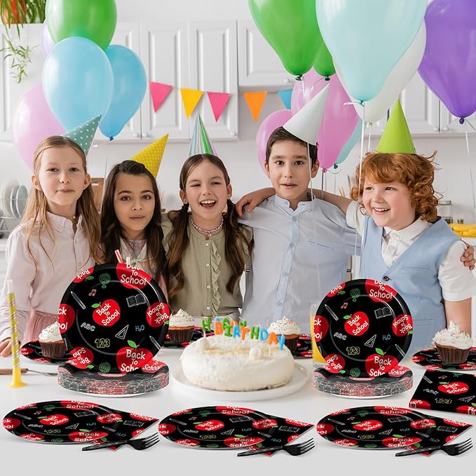 96Pcs Welcome Back to School Plates and Napkins School Season Party Decorations Back to School Dessert Plates Red Apples Tableware Set for 24 Guests Kids Birthday First Day of School Party Supplies