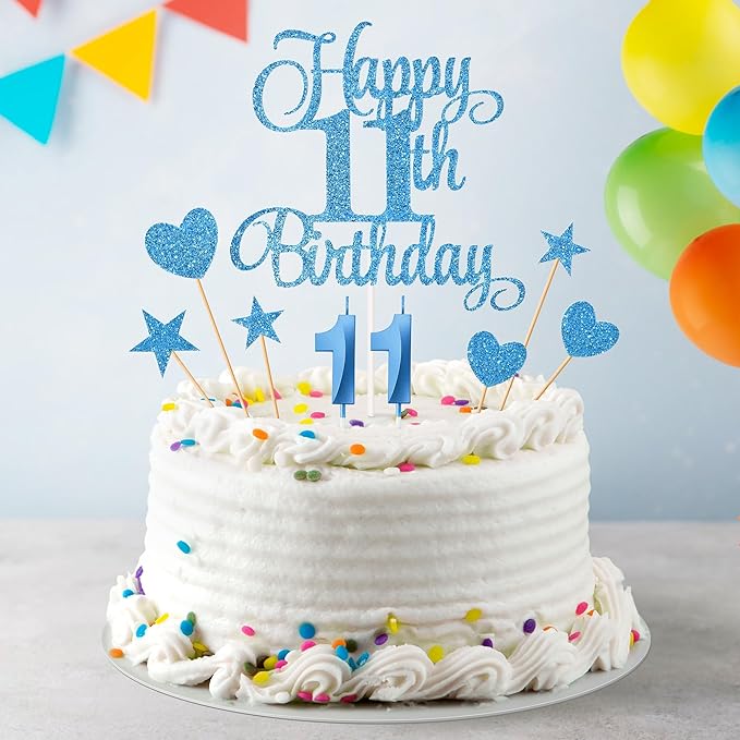 11th Birthday Cake Decorations, 11th Birthday Candles Cake Numeral Candles and Glitter Happy 11th Birthday Cake Toppers Set for Birthday Party Supplies (Blue)
