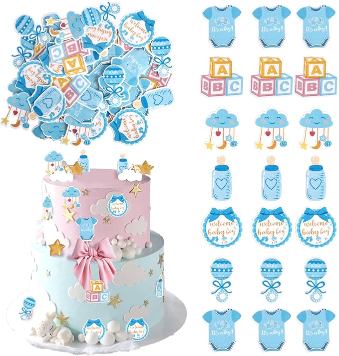 60 PCS Edible Oh Baby Cupcake Toppers Pacifier Cloud Moon Star Welcome Baby Boy Cupcake Picks Edible Baby Shower It's a Boy Cake Decorations for Baby Shower Boys Birthday Party Supplies Blue