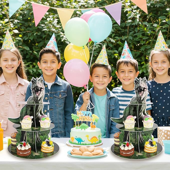 2 Pack Dinosaur Cupcake Stand Dinosaur Birthday Decorations 3 Tier Dino Cupcake Holder Dessert Tower Party Decorations for Boys Kids Baby Shower Jungle Theme Party Supplies