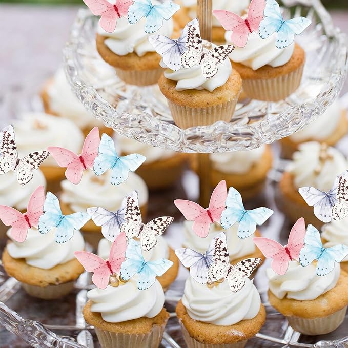 48 PCS Edible Butterfly Cupcake Toppers Colorful Wafer Paper Butterflies Cake Decorations Edible Butterfly Cupcake Picks for Butterfly Theme Baby Shower Wedding Birthday Party Decorations Supplies