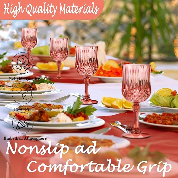 Plastic Wine Glasses,Plastic Goblets Vintage Style Cordial Drinking Glasses for Wedding Reception, Grand Event Party Supplies (12, Rose Gold)