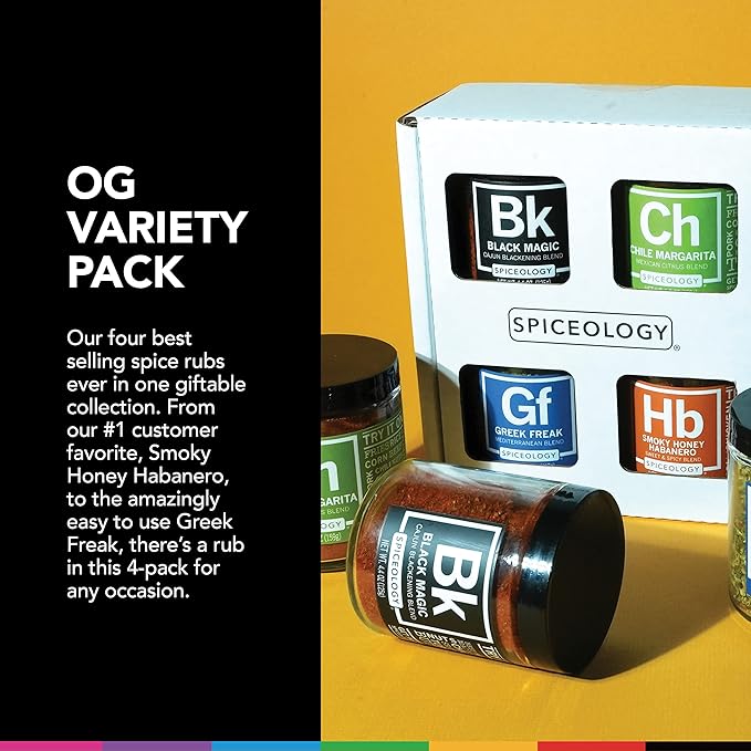 Spiceology - 4-Pack Signature Series - Smoky Honey Habanero, Chile Margarita, Greek Freak, and Black Magic - Grilling Spices - BBQ Rubs Gift Sets - Spices and Seasonings Set