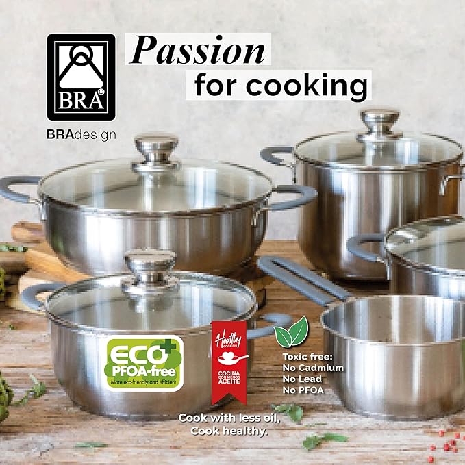 BRA COOKWARE Master Casserole w/Glass Lid | 9.5 inches - 4 quarts Professional Pot | Stainless Steel Casserole | All Heat Sources Compatible - Full Induction | PFAS Free Stock Pot | Shiny Finish