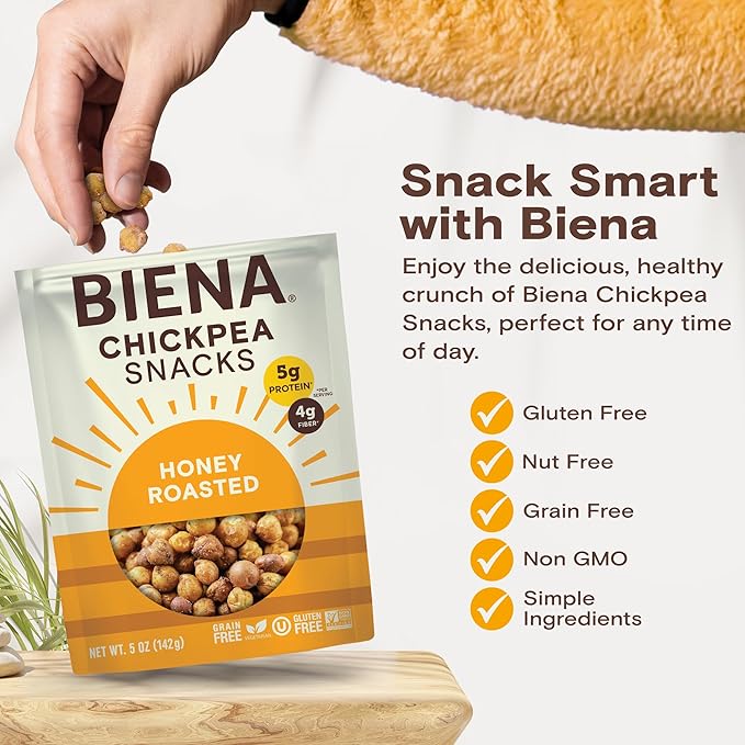 BIENA Chickpea Snacks - Crunchy Roasted Chickpeas - High Fiber Protein Snacks for Adults and Kids - 4-Pack, 5 Ounce Bags - Honey Roasted