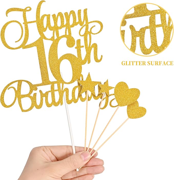 16th Birthday Cake Decorations, 16th Birthday Candles Cake Numeral Candles and Glitter Happy 16th Birthday Cake Toppers Set for Birthday Party Supplies (Golden)