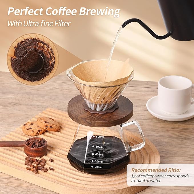 Pour Over Coffee Maker, Borosilicate Glass Drip Coffee Maker with Reusable Stainless Steel Filter and Cork Grip for Home Caf챕 (Walnut Collar, 20 OZ)
