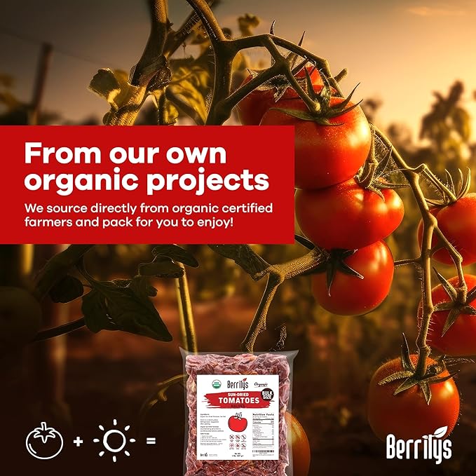 Sun-Dried Tomatoes, 2 LBS, USDA Organic, Berrilys, No Sulfur, No Preservatives, Seasalt is used as natural preservative, Raw, Non-GMO, Great Ingredient for Baking and Cooking