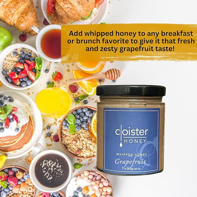 Cloister Honey Whipped Honey - Grapefruit (9 oz) | Hand Crafted | Raw Artisan Honey | 100% Pure, Raw & Unfiltered | All Natural | Made in USA |