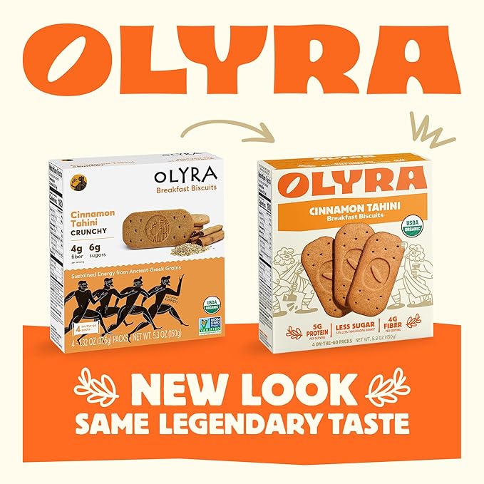Olyra Breakfast Biscuits Cinnamon Tahini, Kids Healthy Snacks, Low Sugar, High Fiber, Plant-Based Protein Cookies, Organic Breakfast Cookies with Ancient Greek Grains, 24 Packs