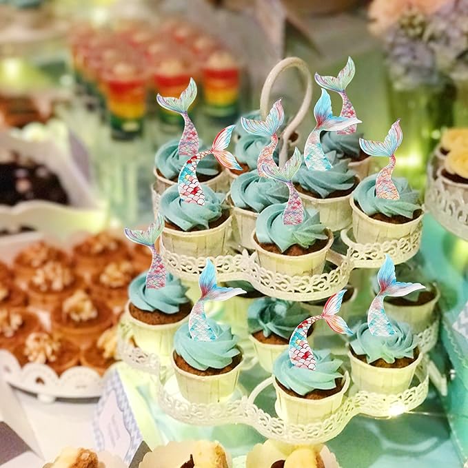 40Pcs Edible Mermaid Tails Cupcake Toppers Wafer Paper Mermaid Tail for Mermaid Party Cake Drink Decoration Baby Shower Party Supplies