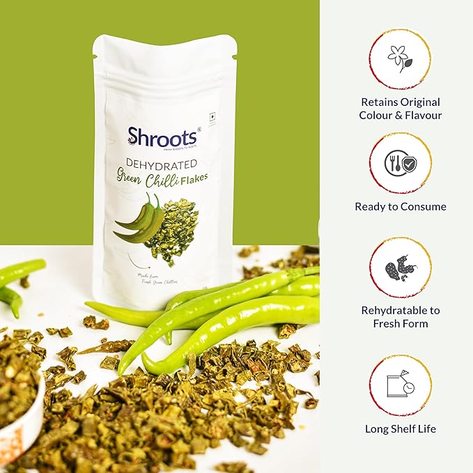 SHROOTS Dehydrated Green Chilli Flakes Pure Vegetarian Gluten-Free No Added Salt Easy Cooking Machine Essential Dried Vegetable with Natural Aroma Perfect for Seasoning & Spice Mix 1.23 oz, Pack of 1