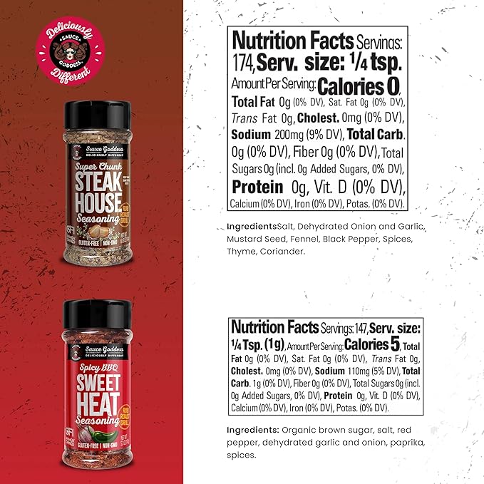 Sauce Goddess - Spicy BBQ Sweet Heat & Super Chunk Steakhouse Shaker Duo - Premium Spices, No MSG, No Additives - Meat & Veggies Seasoning 2-Pack