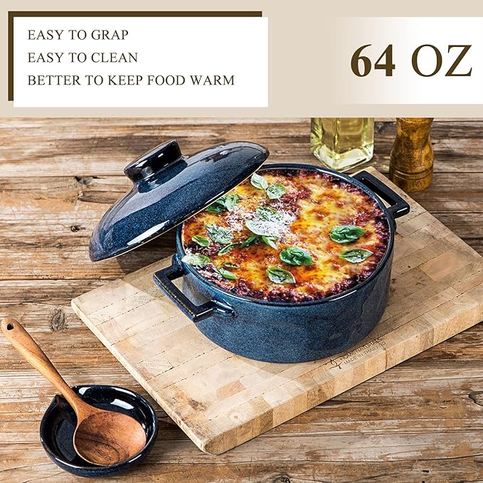 Vicrays Casserole Dish with Lid - Ceramic Lasagna Pan Deep 2 Quart Round Baking Dishes Covered Bakeware for Oven Safe Serving Dish with Handles for Party Dinner Banquet Daily Use (Blue)