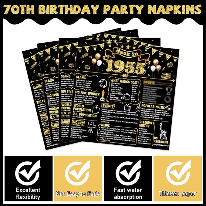 96Pcs 70th Birthday Plates and Napkins Back in 1955 Party Decorations Black Gold 70 Year Old Party Dessert Plates 1955 Tableware for 24 Guests 70th Theme Men Woman Birthday Supplies
