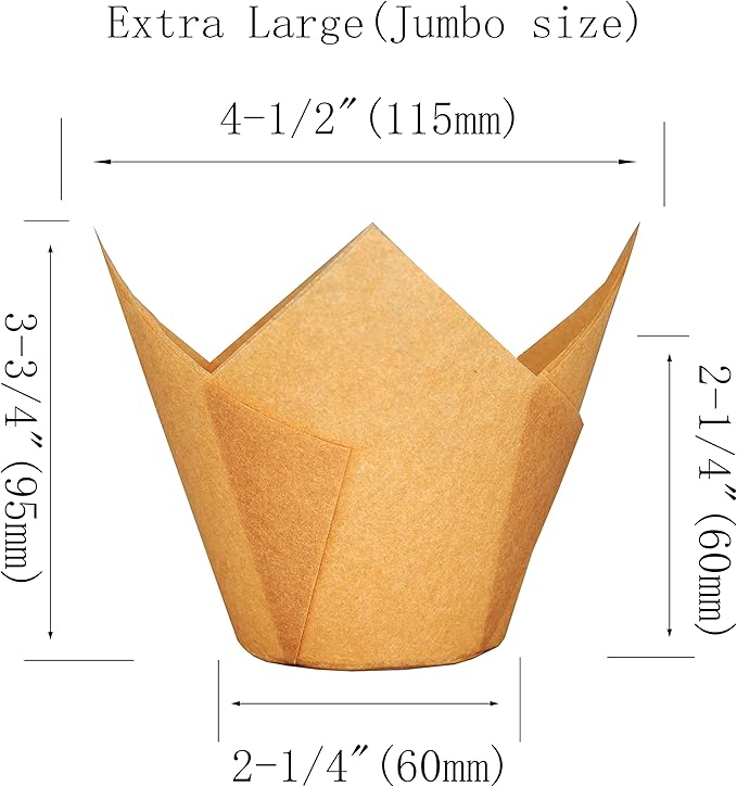 Extra Large Jumbo Muffin Greaseproof paper Baking cupcake cups, 2-1/4" x 3-3/4" Natural Tulip Baking Cup Case of 125 pcs (Extra Large) (125)