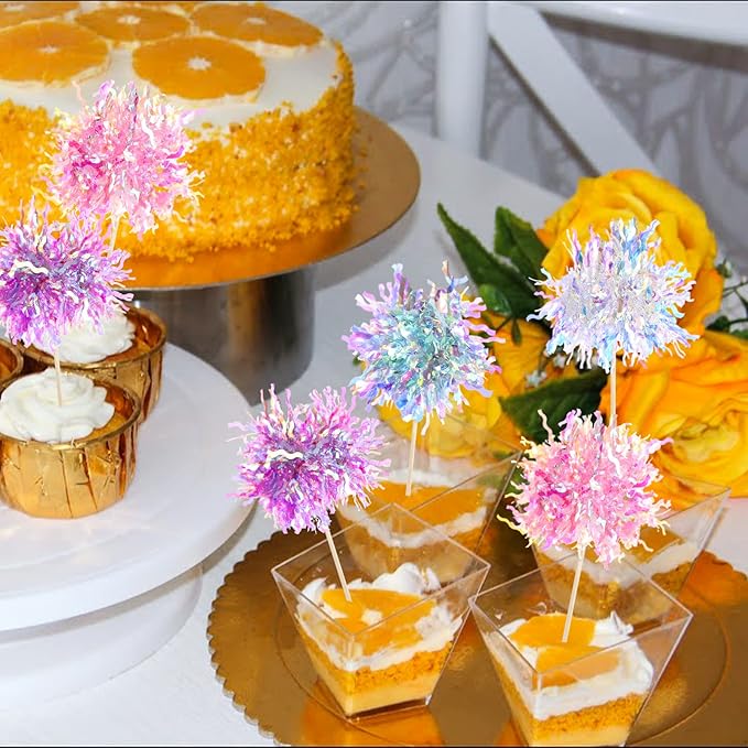 120 Pcs Firework Cupcake Toppers Foil Frill Toothpicks Cake Decorations Sparkle Tinsel Cupcake Toppers Cocktail Picks Firework Par