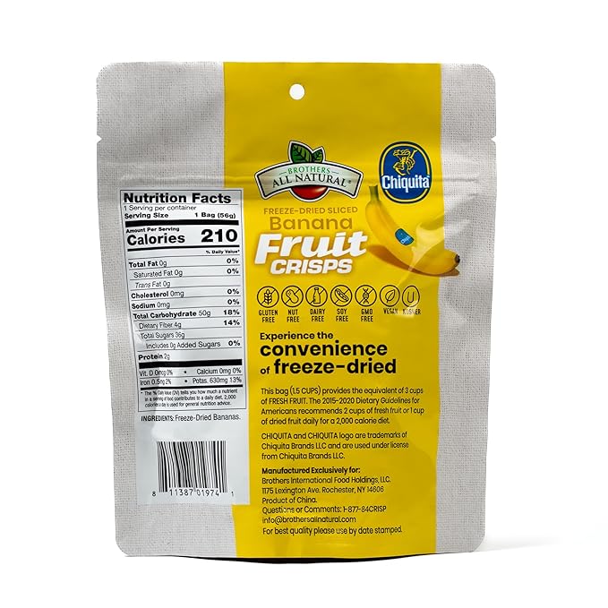 Brothers All Natural Freeze Dried Fruit Crisps, Chiquita Banana, 2 Oz (Pack of 8), Made with 100% Fruit, Gluten Free, Soy Free, Vegan, Heathy Snack, Resealable Pouch
