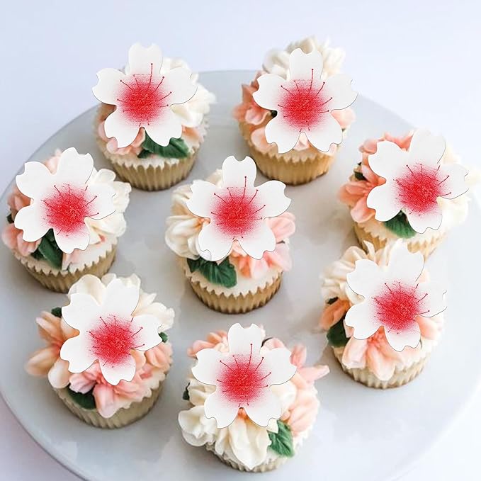 100 Pack Edible Cherry Blossom Cake Toppers - Flowers Cupcake Picks Rice Paper Wafer for Baby Shower, Bridal Shower, Kids Birthday Party Cake Decorations