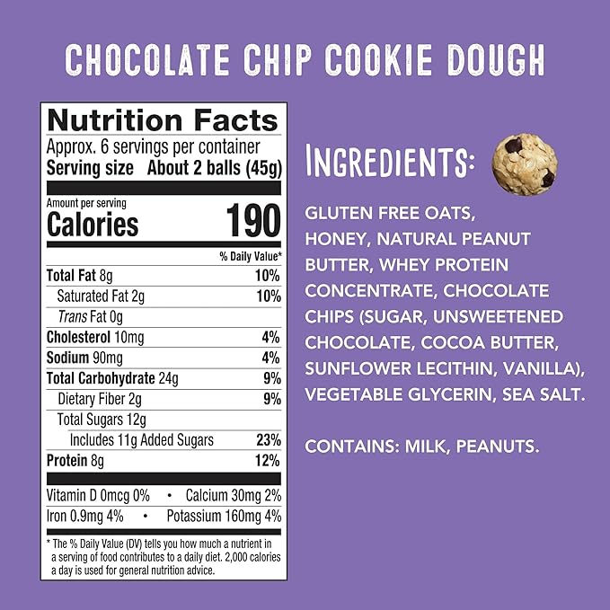 simplyFUEL Whole Food Protein Balls with Probiotics - Chocolate Chip Cookie Dough Snacks - 8g Protein Snack - Gluten Free Energy Balls