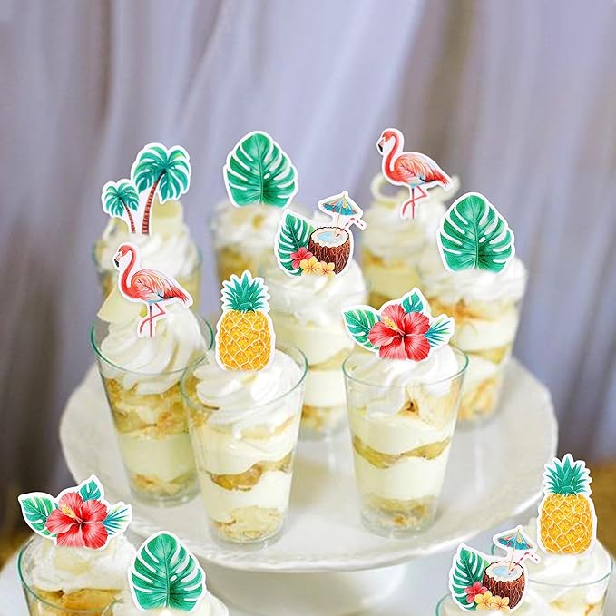 42Pcs Edible Tropical Cupcake Toppers Wafer Paper Hawaiian Luau Theme Party Decoration Baby Shower Birthday Party Supplies