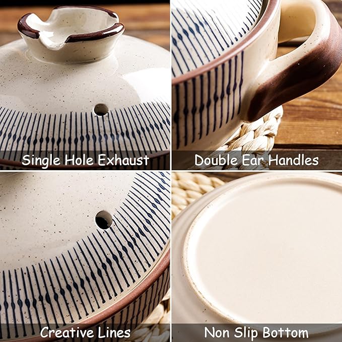 Ceramic Casserole Dish with Lid, Ceramic Cooking Pot Nonstick Earthenware Pot, Ceramic Stew Pot with Handle Round Ceramic Cookware for Stew Steam, Soup Bowl,2.3Quarts
