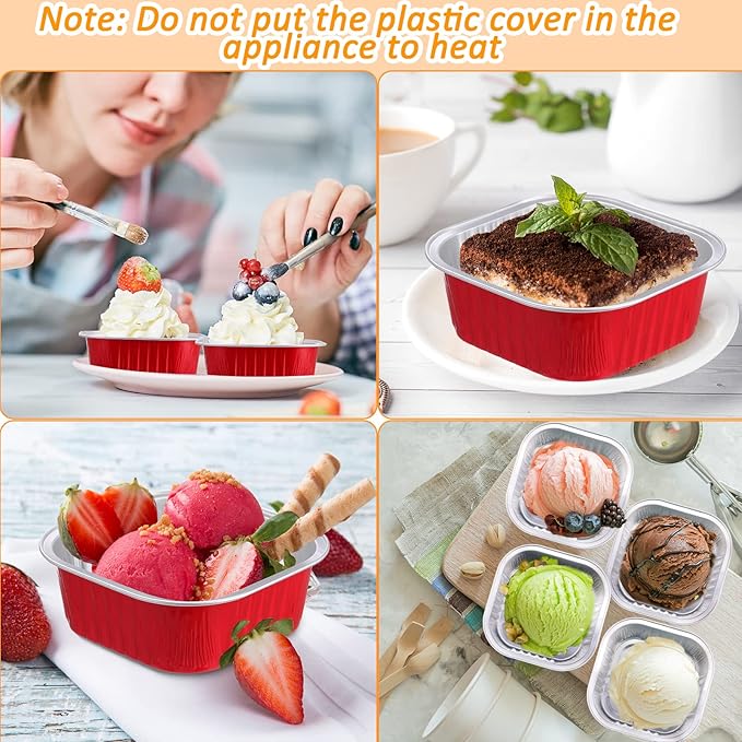 Aoriher 150 Pieces 10 oz Mini Cake Pans with Lids Aluminum Foil Baking Cups Square Disposable 4" x 4" Large Cupcake Cups Baking Tins for Kitchen Brownie Pudding Desserts Holders(Red)
