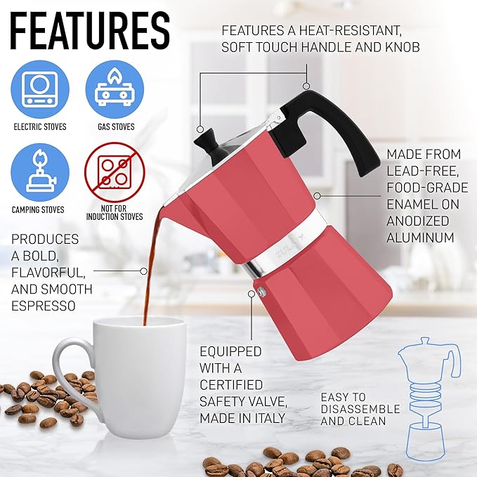 Zulay Moka Pot Espresso Stovetop Coffee Maker - Leak-Proof, Stainless Steel, Easy to Clean, Heat Resistant Handle & Knob - for Authentic Cuban & Italian Style Espresso - Makes 3 Espresso Cups - Red