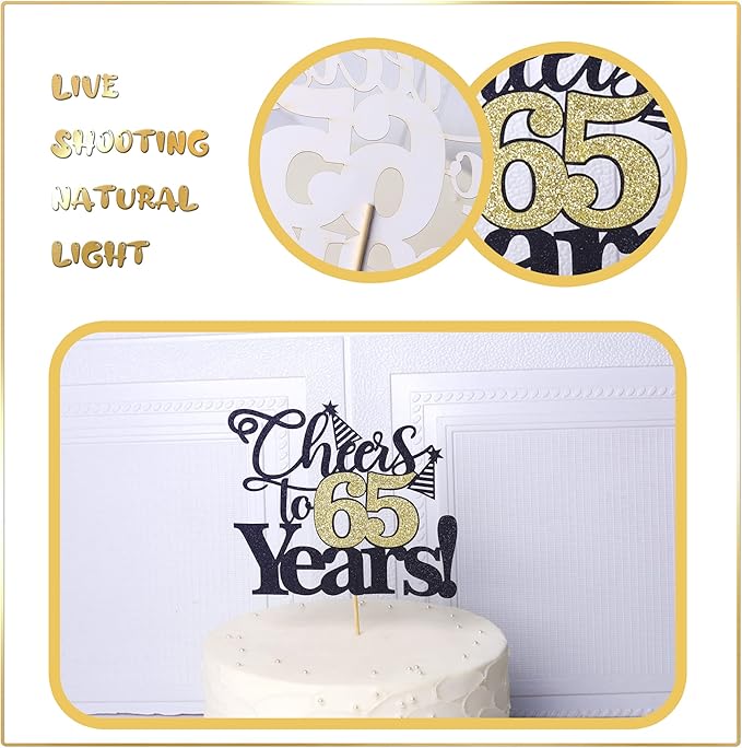 Rsstarxi 1 Pack Cheers to 65 Years Cake Topper Glitter Sixty Five Years Old 65th Birthday Cake Pick 65 Fabulous Cake Decorations for Happy 65th Birthday Wedding Anniversary Party Supplies Black