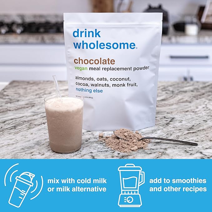 Drink Wholesome Vegan Chocolate Meal Replacement Powder | for Sensitive Stomachs | Additive & Dairy Free | No Artificial Sweeteners | No Bloating, Farts or Gas | No Constipation or Diarrhea