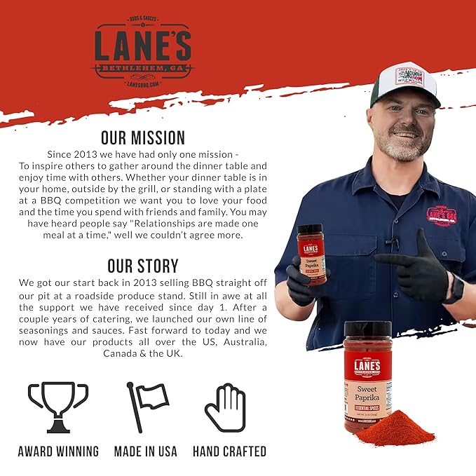 Lane's Sweet Paprika Powder, All-Natural Smoked Paprika Sweet, Great for Chicken, Meat, and Vegetables. Paprika Seasoning Rub, Made in USA, 9 Oz