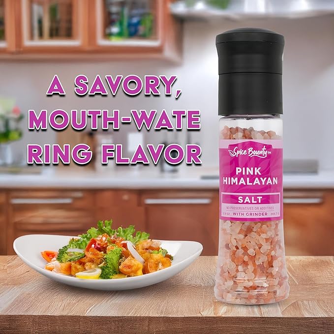 Spice Bounty Pink Himalayan Salt 12.9 oz and Whole Black Pepper 5.8 oz Grinder Set ??Coarse Salt and Peppercorns with Adjustable Grinders ??Gourmet Seasoning Duo for Cooking & Table Use