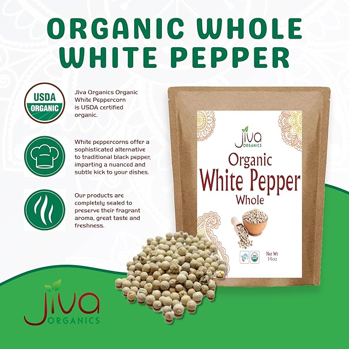 Organic White Peppercorns Whole 14Oz Bulk Bag - Non-GMO, Pure Whole Peppercorns for Grinder Refill by Jiva Organics