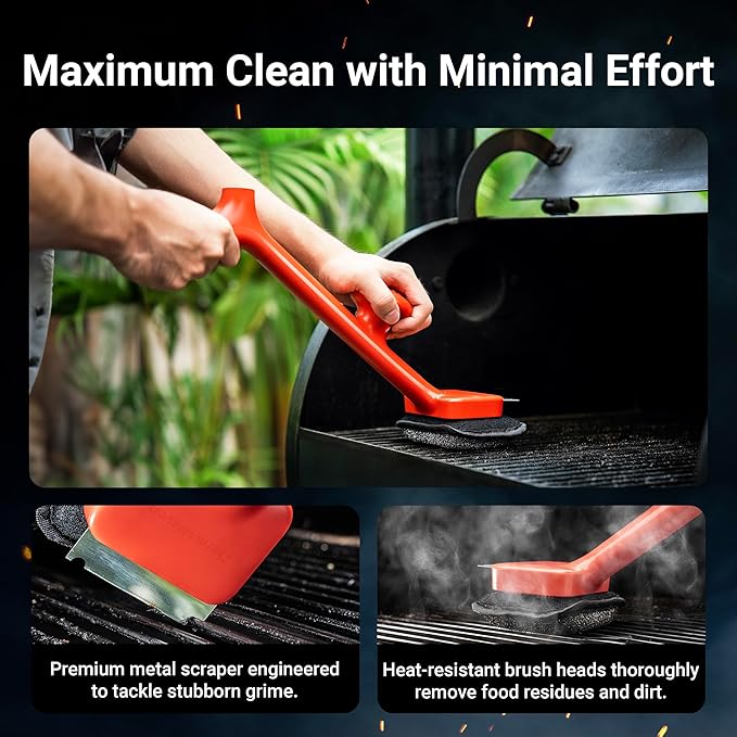 BBQ Grill Brush Bristle Free - 17" Safe Steam Grill Cleaner Brush with Scraper and 3 Brush Heads for Porcelain/Gas/Charcoal Grill Outdoor Grill Barbecue Cleaner