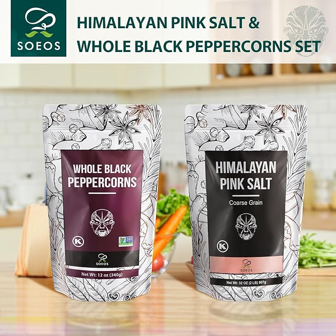 Soeos Whole Black Peppercorns 12oz + Himalayan Pink Salt 2lb, Salt and Pepper for Grinders, Black Peppercorn Refil, Pink Himalayan Sea Salt, 2 Piece Set