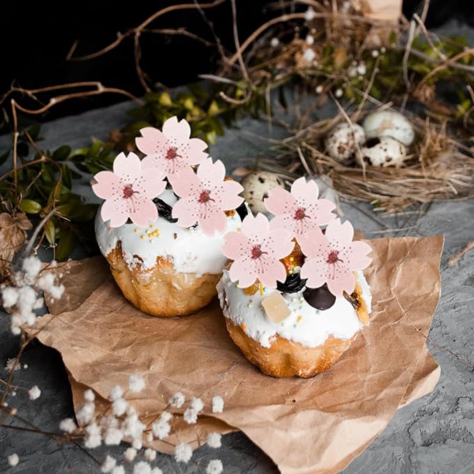 40 Pack Edible Cherry Blossom Cake Toppers Cherry Flowers Cupcake Toppers Rice Paper Wafer Paper Cake Picks for Cherry Blossom Theme Baby Shower Bridal Shower Kids Birthday Cake Decorations Pink
